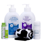 MooGoo Cancer Care Pack gift box, featuring natural gentle cleanser, lightweight fast hydrating lotion, sensitive deodorant, lip balm and cow socks