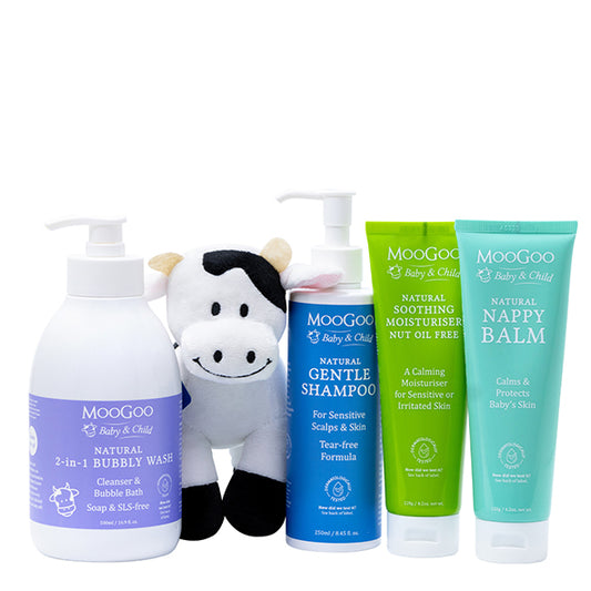 MooGoo Baby Starter Kit product box, family-friendly bundle with four natural skin essentials and toy cow, thoughtful gift for mums and their newborn babies