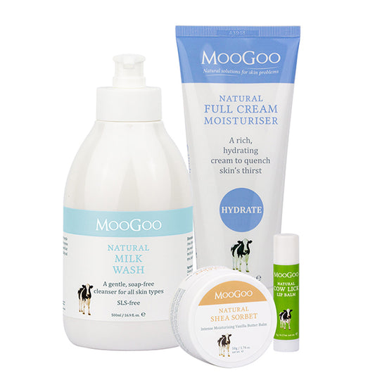 MooGoo Dry Skin Rescue Pack with four products for dry skin, including Milk Wash, Shea Sorbet, Full Cream Moisturiser and Cow Lick Lip Balm, for skin repair and barrier protection.