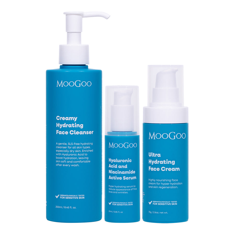MooGoo Face Hydration Essentials Pack with Creamy Hydrating Face Cleanser, Hyaluronic Acid and Niacinamide Active Serum and Ultra Hydrating Face Cream, natural skincare products designed to rehydrate, nourish and restore skin moisture barrier