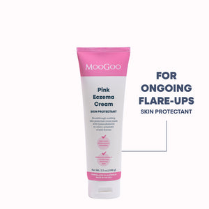 MooGoo Pink Eczema Cream in a 100g squeeze tube, featuring a white body with a bright pink cap and pink accents on the label. With B12 for ongoing eczema flare ups. 