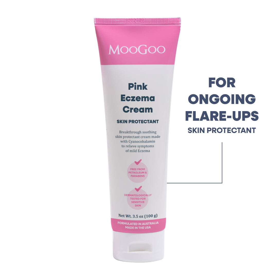 MooGoo Pink Eczema Cream skin protectant in a 3.5 oz squeeze tube, shown alongside text stating it is for ongoing flare-ups.