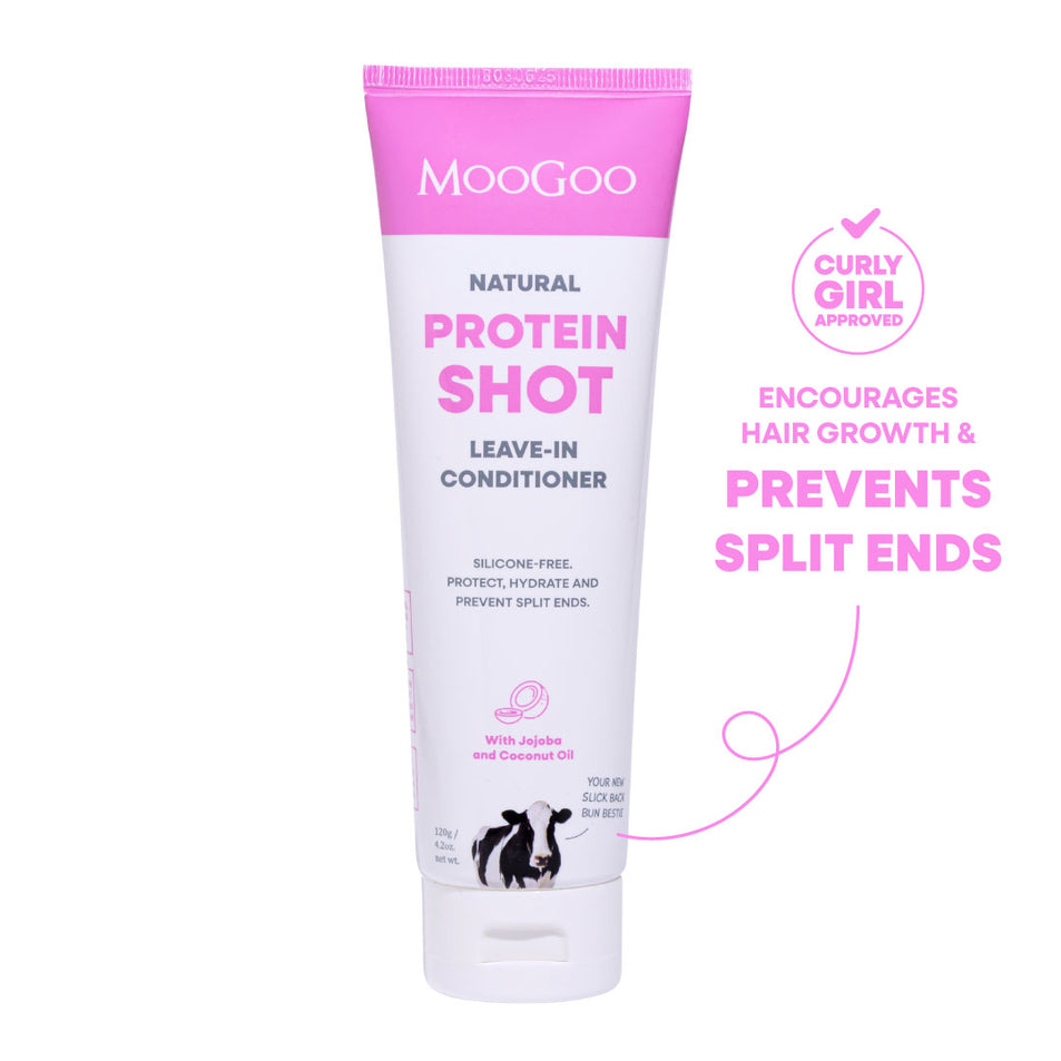 MooGoo Natural Protein Shot Leave-In Conditioner in a squeeze tube with a pink and white label, shown alongside text and a 'Curly Girl Approved' badge on a white background. Natural silicone-free formula for hair protection, encourages hair growth and prevents split ends. 