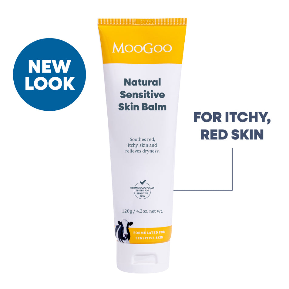MooGoo Sensitive Skin Balm in a white squeeze tube with yellow accents, shown on a white background. Soothing anti inflammatory for itchy and red skin with Gotu Kola and Chamomile to relieve dry, red itchy skin and support skin healing.