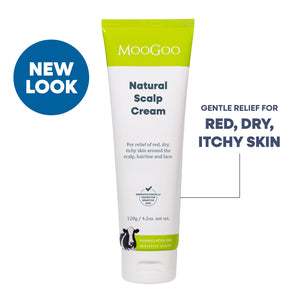 MooGoo Natural Scalp Cream tube on a white background with a blue 'NEW LOOK' badge and text highlighting relief for red, dry, itchy skin. Olive Oil and Coconut Oil formula for seborrheic dermatitis and psoriasis.