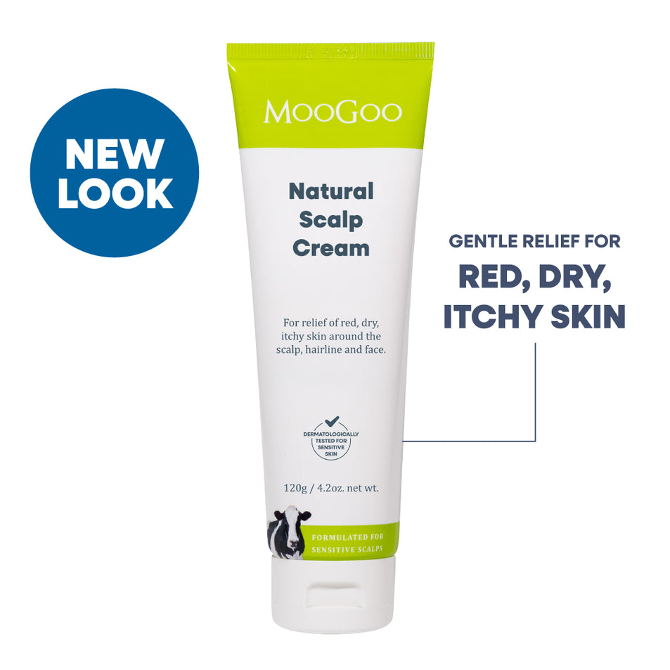 MooGoo Natural Scalp Cream tube on a white background with a blue 'NEW LOOK' badge and text highlighting relief for red, dry, itchy skin. Olive Oil and Coconut Oil formula for seborrheic dermatitis and psoriasis.