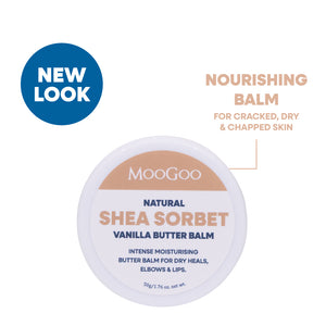 MooGoo Natural Shea Sorbet Vanilla Butter Balm in a round white jar with a white lid, featuring a beige label band on a white background. Natural butter balm for dry, chapped and cracked skin. With Hemp, Shea and Oils.
