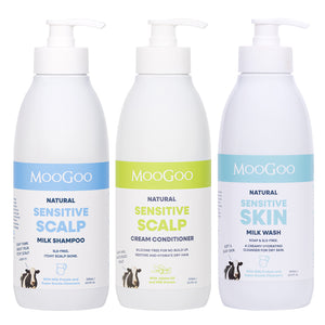 Three bottles of MooGoo Skin and Hair Care on a white background. Natural Sensitive Scalp Milk Shampoo, Natural Sensitive Scalp Cream Conditioner and Natural Sensitive Skin Milk Wash. 