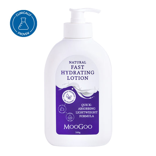 MooGoo Natural Quick Absorb Lotion 500g, lightweight fast absorbing moisturiser with chamomile, aloe vera and olive squalane for sensitive skin, improve barrier function.