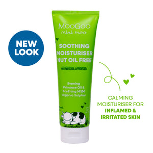 Green tube of MooGoo mini moo moisturizer on a white background. MooGoo Baby & Child Soothing Nut Oil Free Moisturiser, gentle daily lotion for nut-sensitive children and delicate skin care