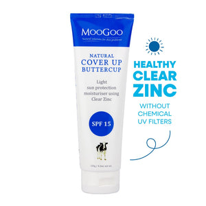 MooGoo Natural Cover Up Buttercup SPF 15 displayed on plain backdrop, light zinc moisturiser with antioxidant protection for all skin types