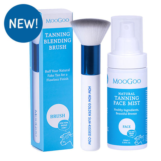 MooGoo Tanning Blending Brush with Natural Face Mist on clean white backdrop, fake tan kit for face and body, golden bronzed glow without streaks