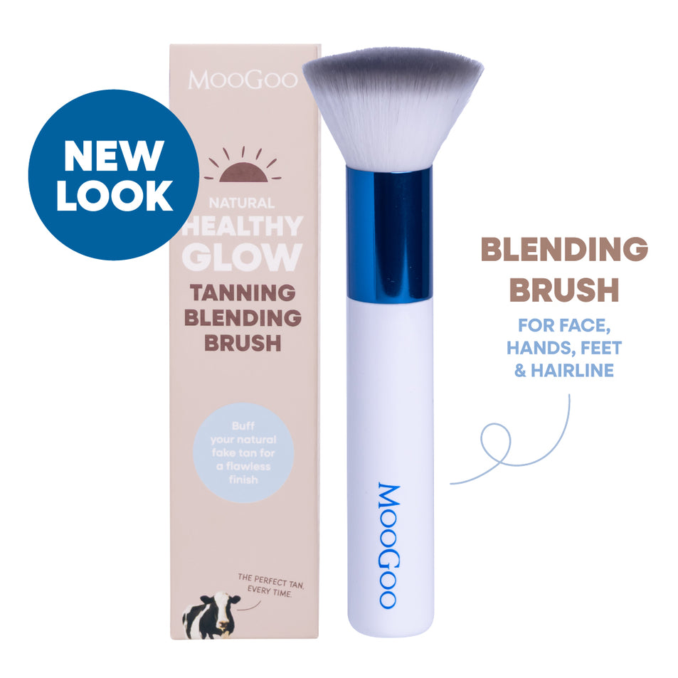 MooGoo Tanning Blending Brush on white background, self tanning accessory for even coverage, ensures streak-free bronzed finish.