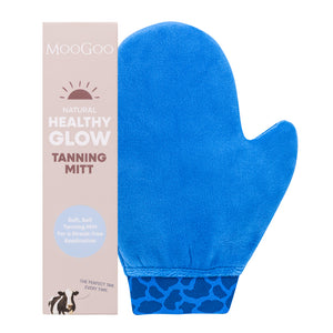 MooGoo Tanning Application Mitt on white background, self tanning tool for even application, reusable and lined to prevent staining hands