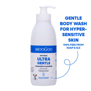 A white bottle of MooGoo Natural Ultra Gentle Ceramide Cleanser body wash with a pump dispenser, shown on a white background with blue promotional text on the right. For eczema prone and hypersensitive skin with ceramides to strengthen skin barrier. 